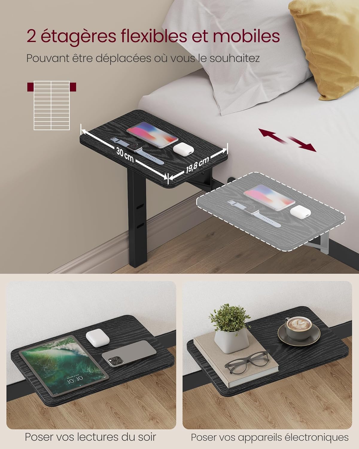 VASAGLE - Cadre de lit double série RMB - 140x200 cm, métal, étagères de rangement, montage facile RMB094B01V1