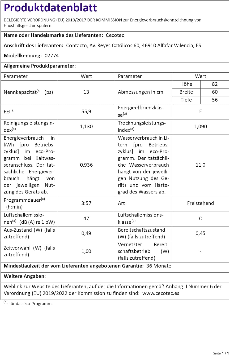 Cecotec - Bolero Aguazero 6100 - 60cm - 13 couverts, 6 programmes, Dry+, demi-charge, départ différé