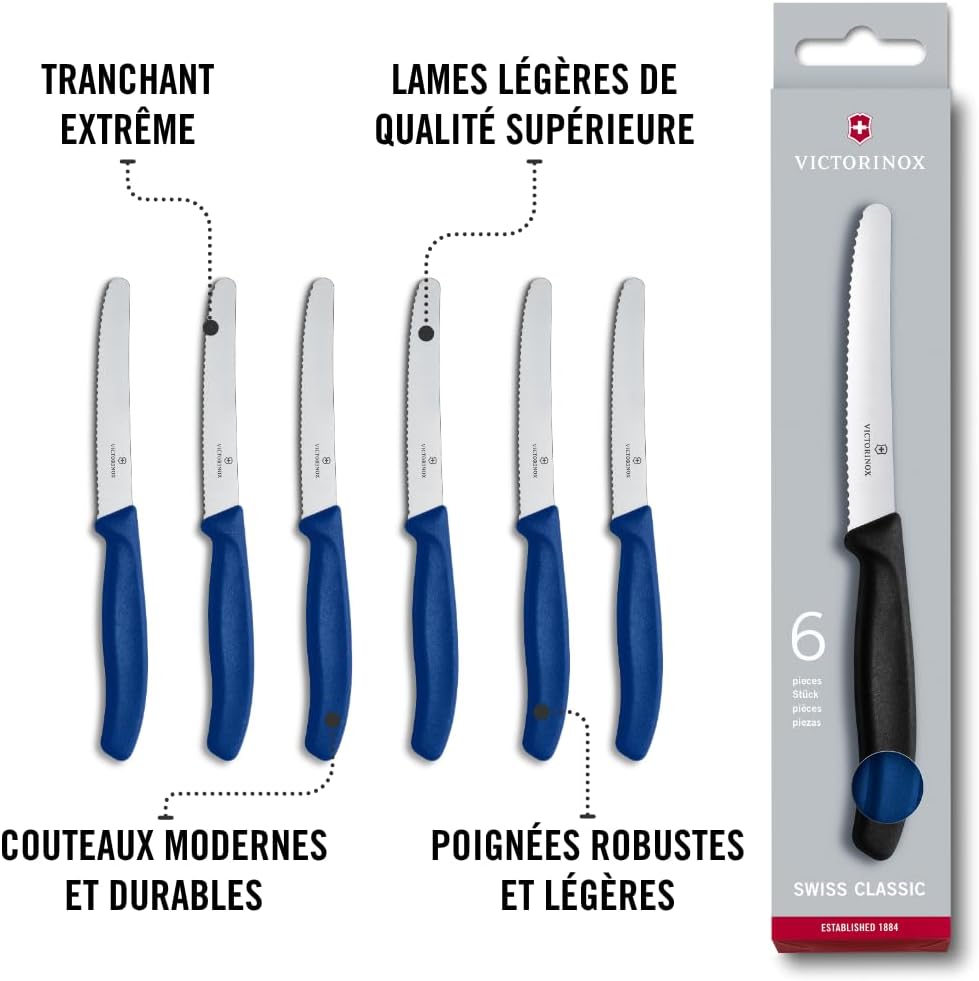 Victorinox Swiss Classic - couteau petit-déjeuner 11cm - lame dentelée - set 6 pièces - manche plastique bleu
