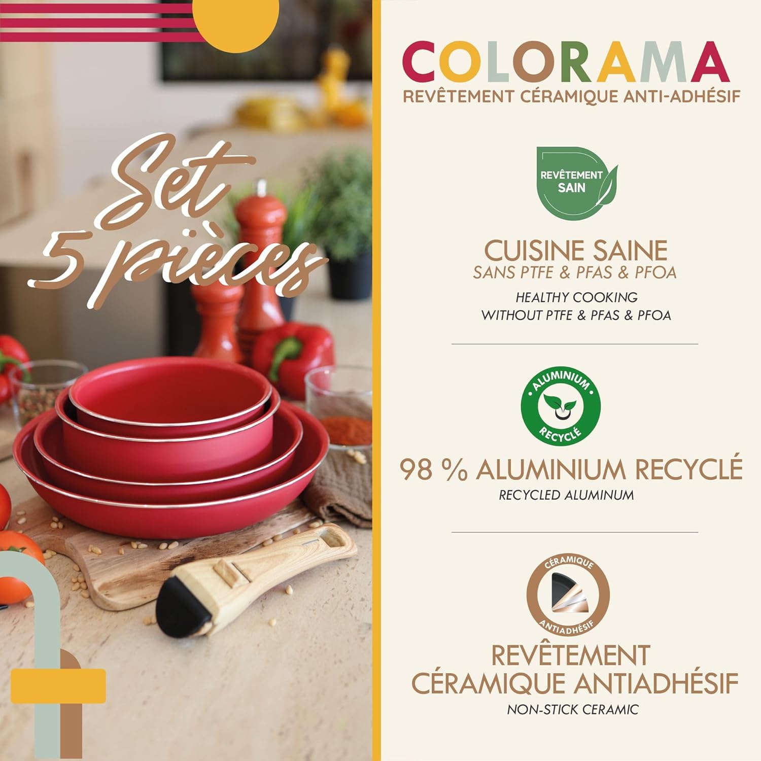 MENASTYL - Colorama - 2 poêles, 2 casseroles, poignée - céramique induction