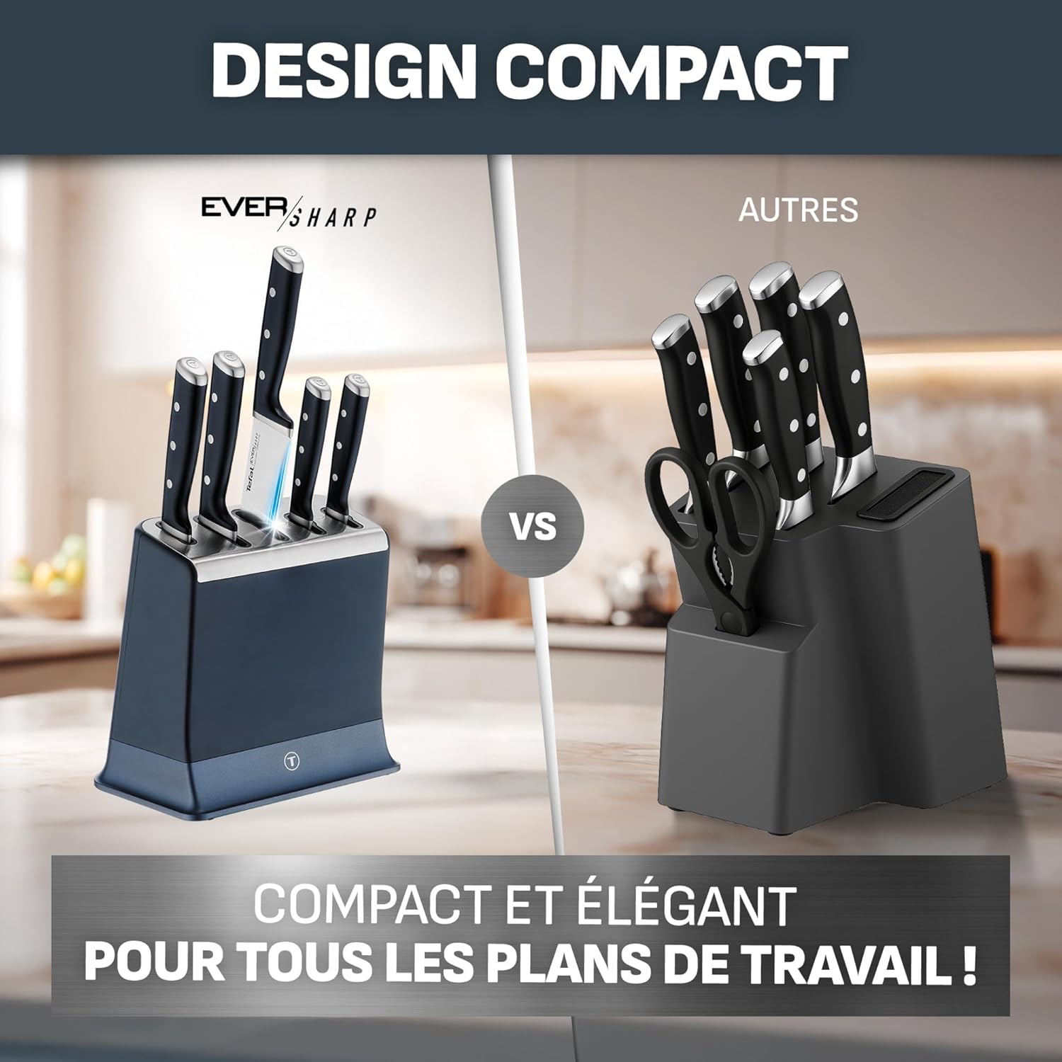 Tefal – EverSharp 6 pièces – Bloc couteaux affûteur intégré, K297S744