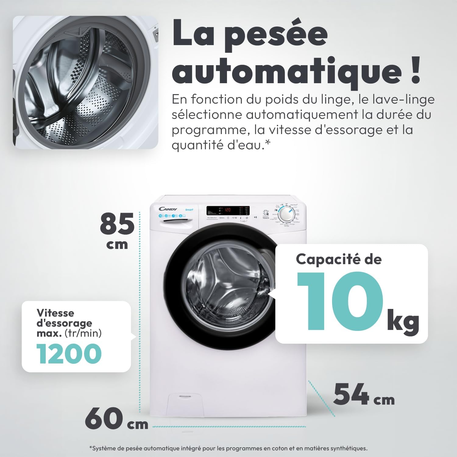 Candy - Lave-linge Série CS - 10kg, 1200 trs/min, écran digital, 85x60x54cm - CS12102DWB4/1-47