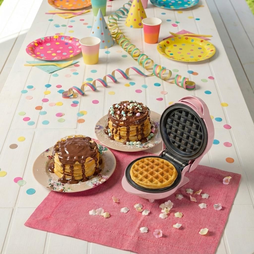 Bestron - Mini gaufrier rétro, revêtement antiadhésif, rose, compact