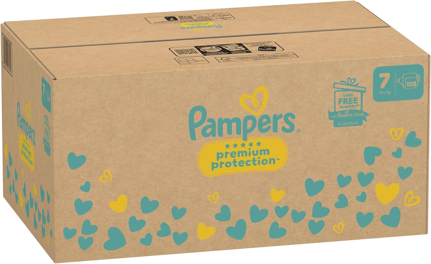 Pampers - Premium Protection taille 7, 128 couches, stop fuites, 15kg+