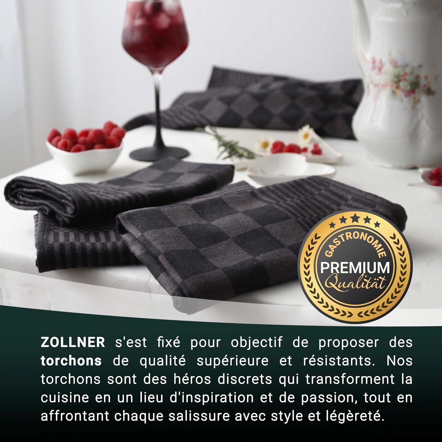 ZOLLNER - lot 6 torchons coton 65x65 cm, absorbants, lavables, Oeko-Tex