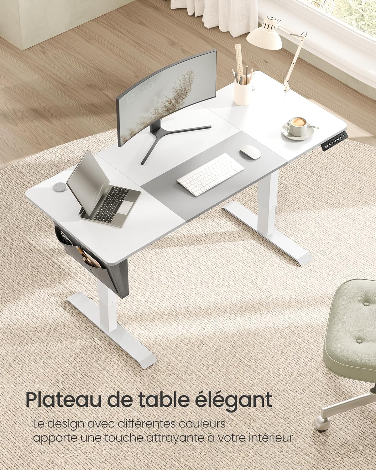 SONGMICS - Bureau électrique assis-debout - 140x60 cm - Hauteur réglable, mémoire 4 positions, blanc/gris - LSD016W02