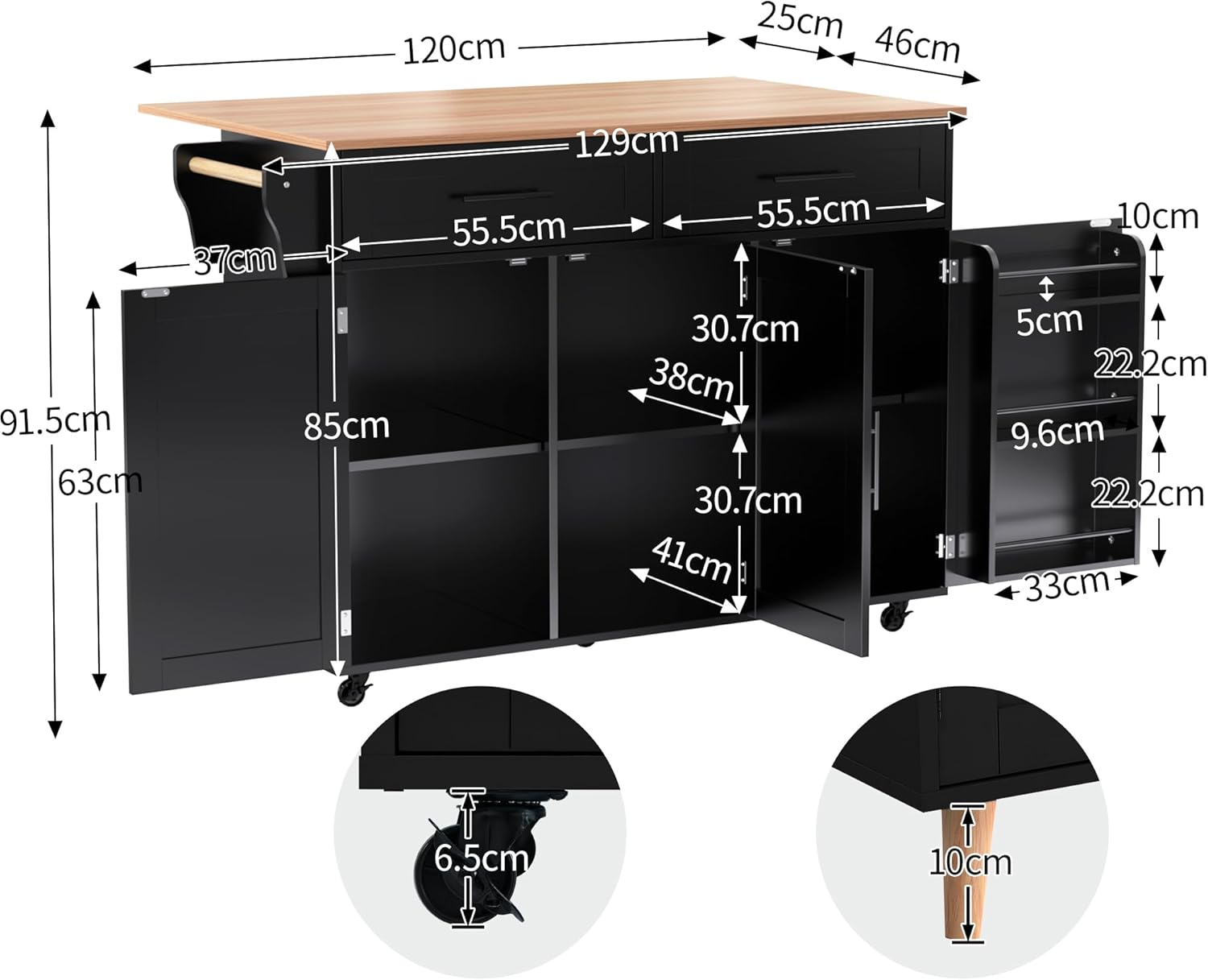 Desserte îlot cuisine - plan rabattable, rangements, roulettes - 129x71x91,5cm