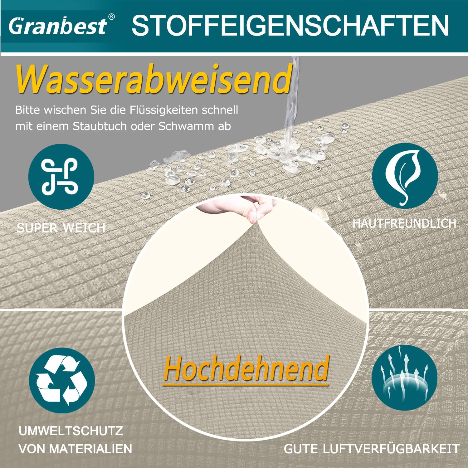 Granbest - housse stretch imperméable 3 places - sable - mousse antidérapante