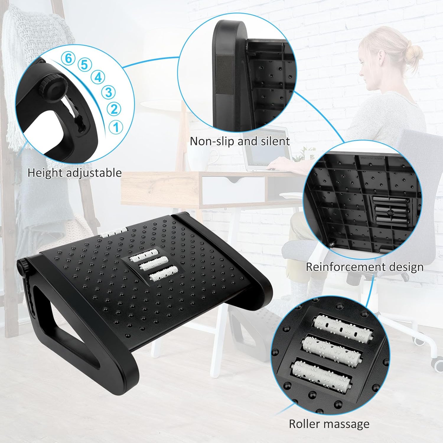 Repose-pieds de bureau réglable, ergonomique, antidérapant, fonction massage, dimensions compactes