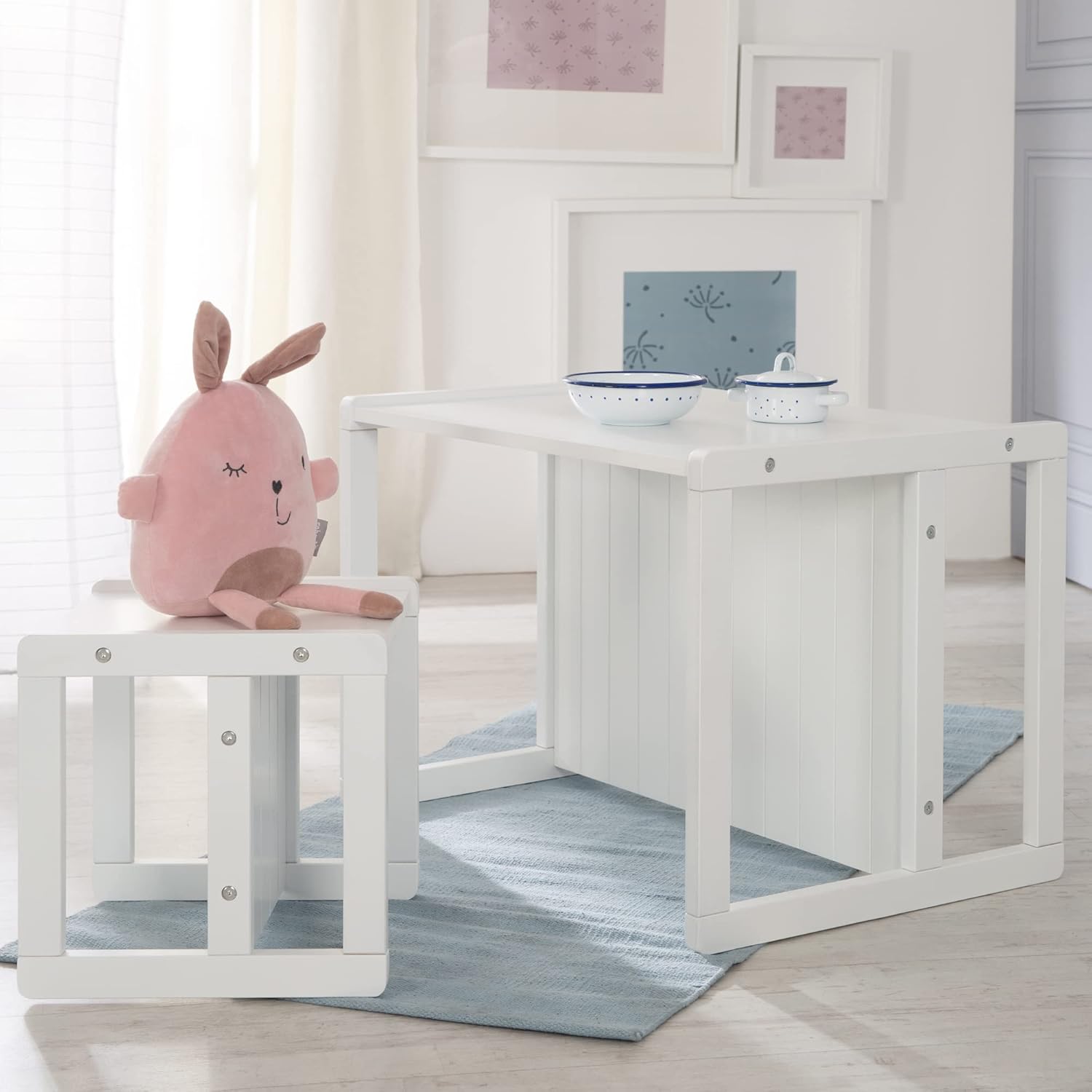 roba - Ensemble Table et Chaise enfant, 3 hauteurs, blanc, style campagne