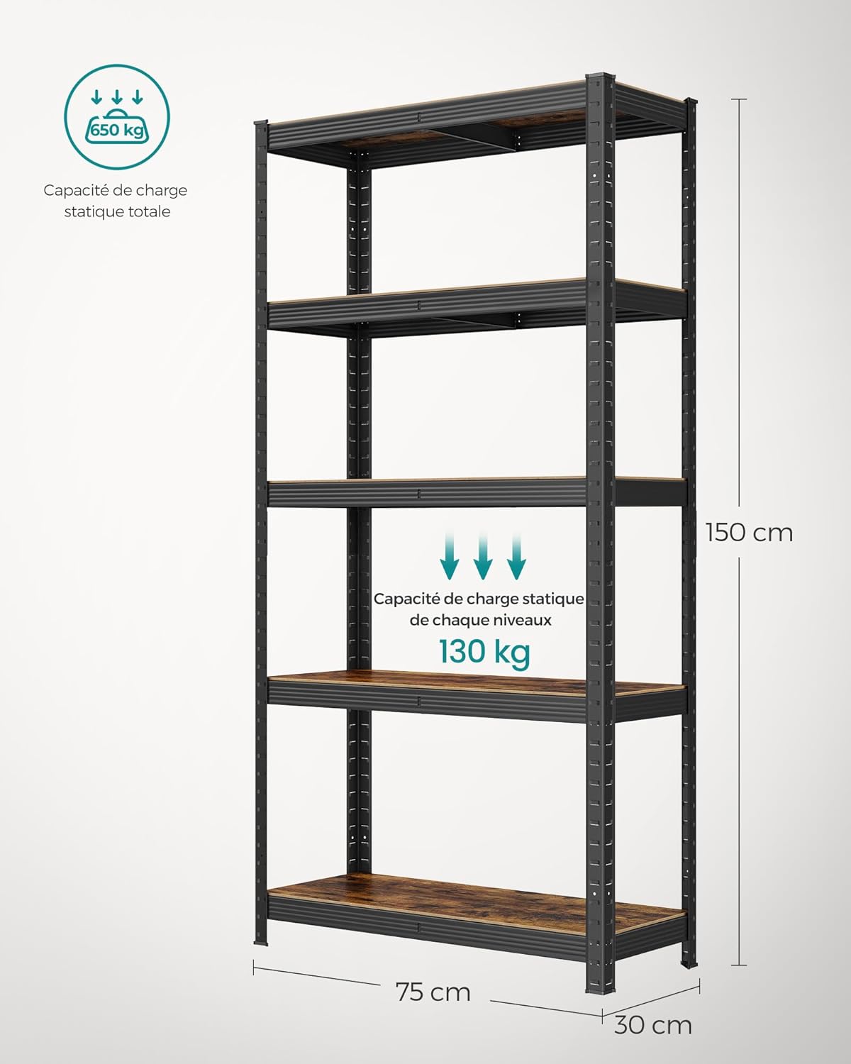SONGMICS - étagère à 5 niveaux, 30x75x150cm, 650kg, planches réglables, GLR030B02