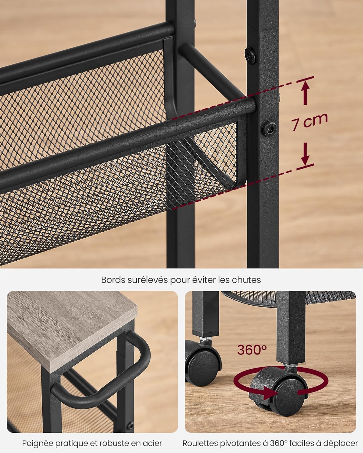 VASAGLE - desserte 4 niveaux - 13x45,4x77 cm - structure acier, roulettes, poignée, compact - LRC032K01