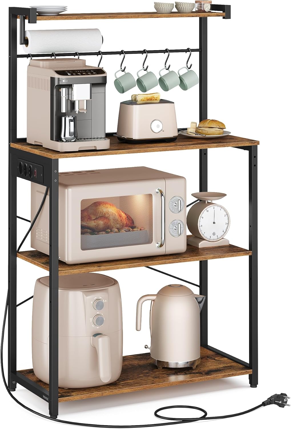 VASAGLE - étagère cuisine série bar café, 80x40x140 cm, 4 niveaux, multiprise, 8 crochets S, KKS029KD02