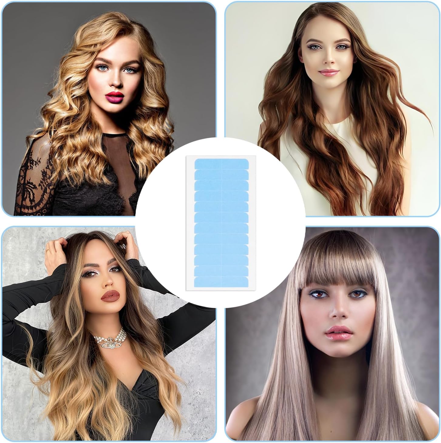 Bande adhésive extension cheveux - lot 240 - 4x0,8cm, double face, bleu