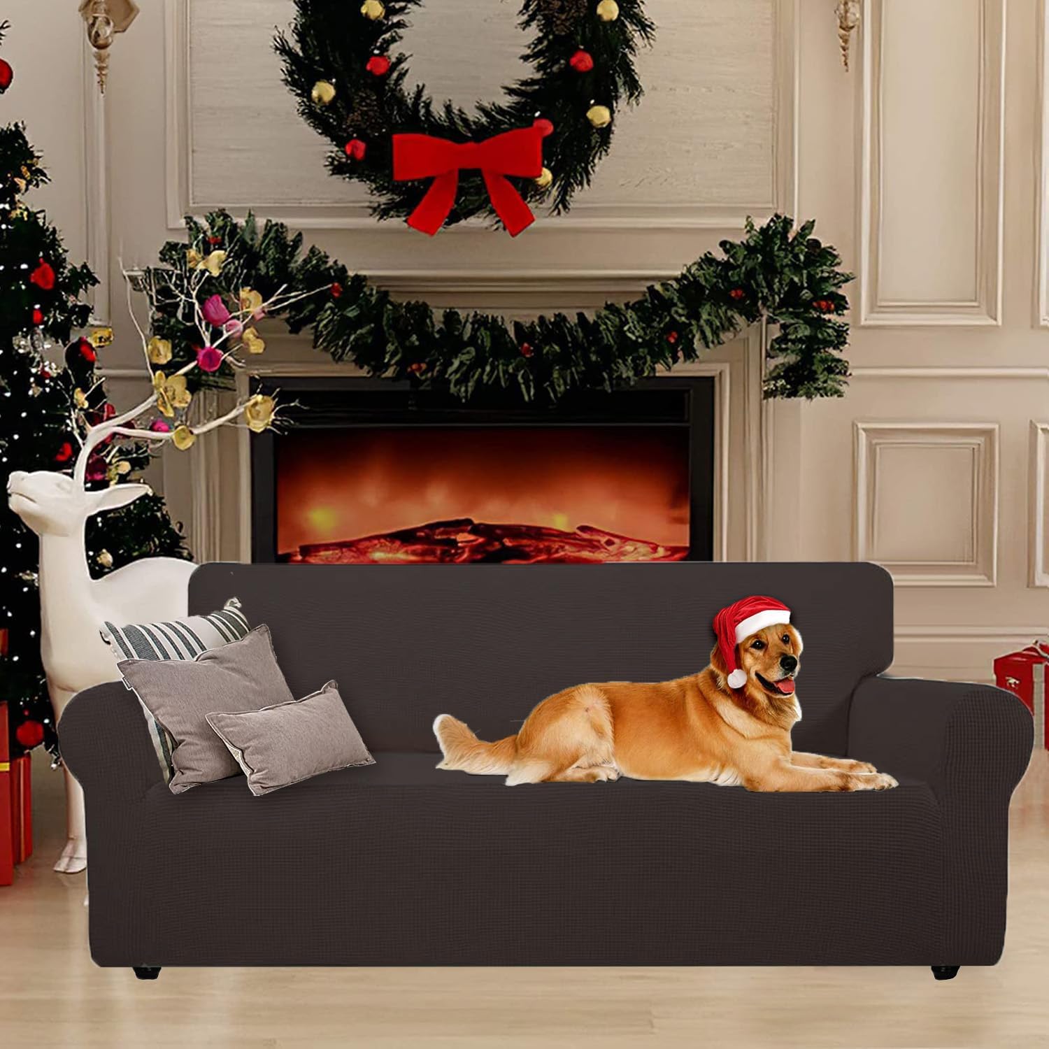 Housse canapé 2 places - extensible, lavable, antidérapante, café