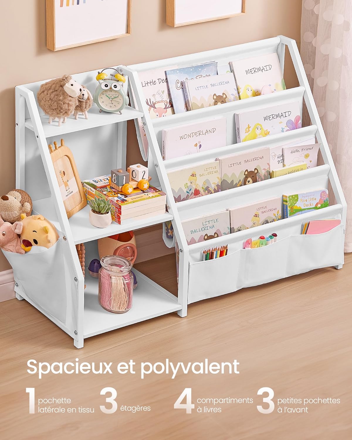 SONGMICS - meuble bibliothèque enfant - 75 cm - rangement jouets, étagères, pochette latérale - GKR024W01