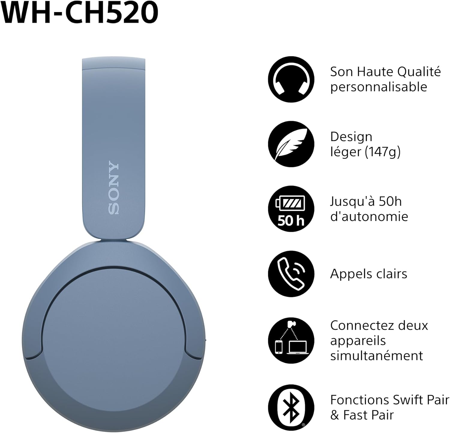 Sony - WH-CH520 - Casque Bluetooth, micro, 50h autonomie, bleu
