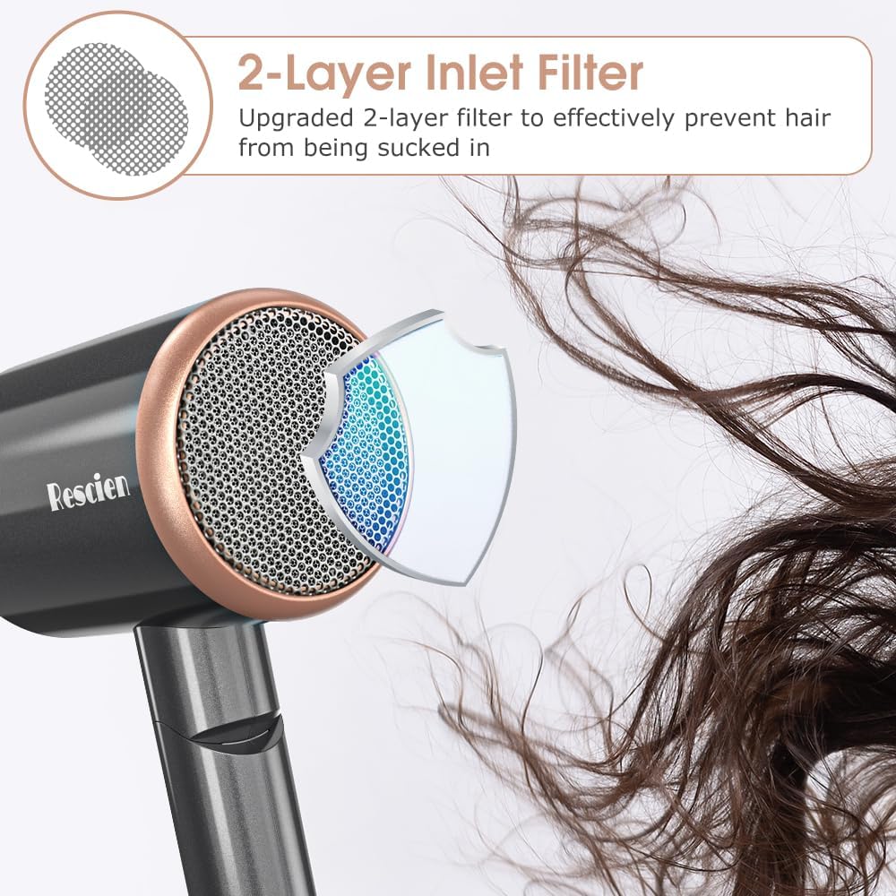 Sèche-cheveux ionique - 2400W compact - 3 vitesses, 3 températures, accessoires, sac de rangement