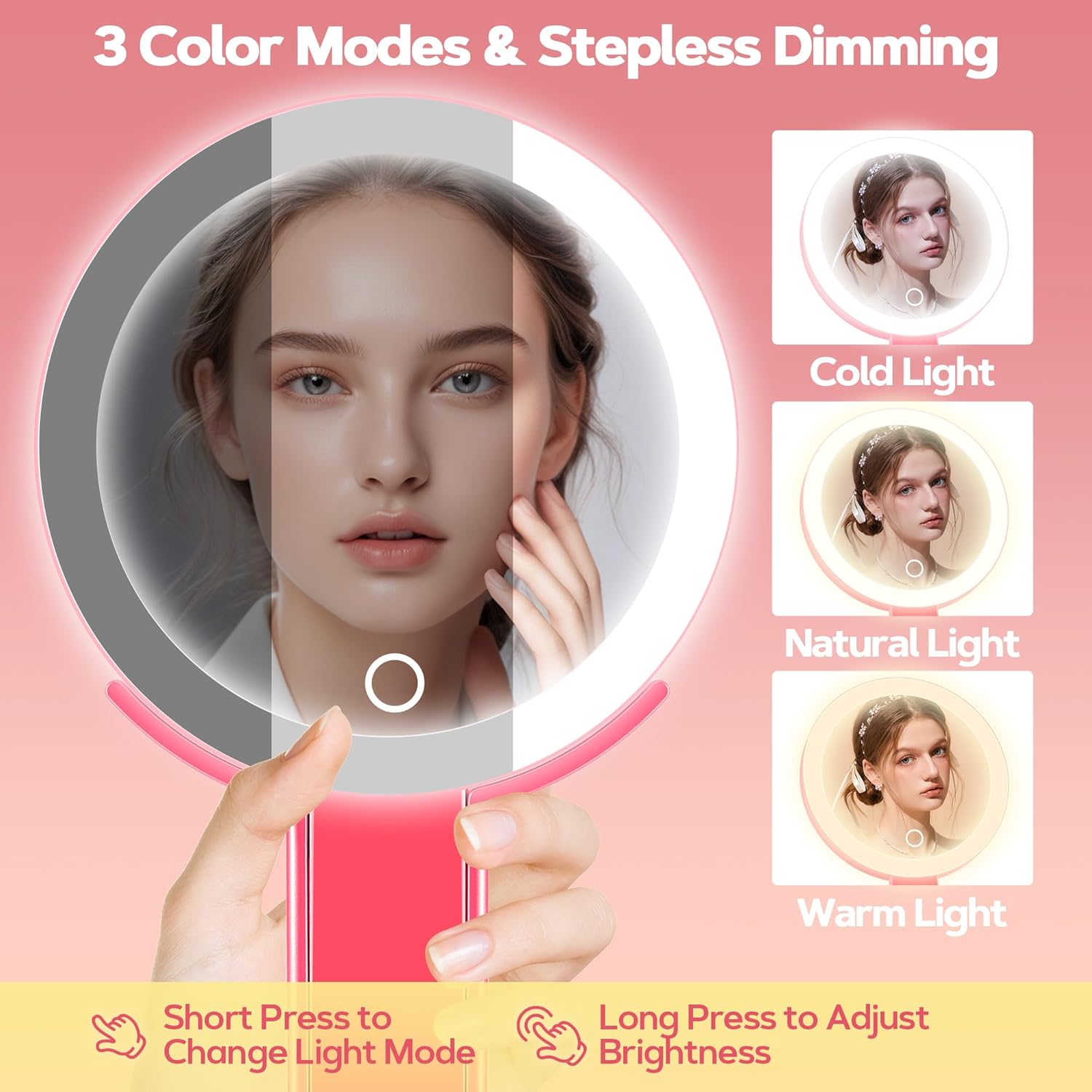 B Beauty Planet - miroir maquillage double face, pliable, lumière 3 couleurs