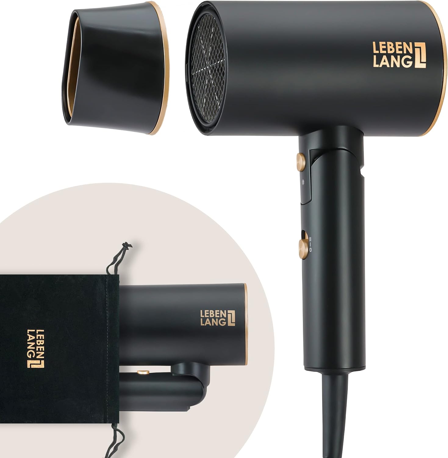 LEBENLANG - Sèche-cheveux compact pliable 2100W, ions & froid, Noir