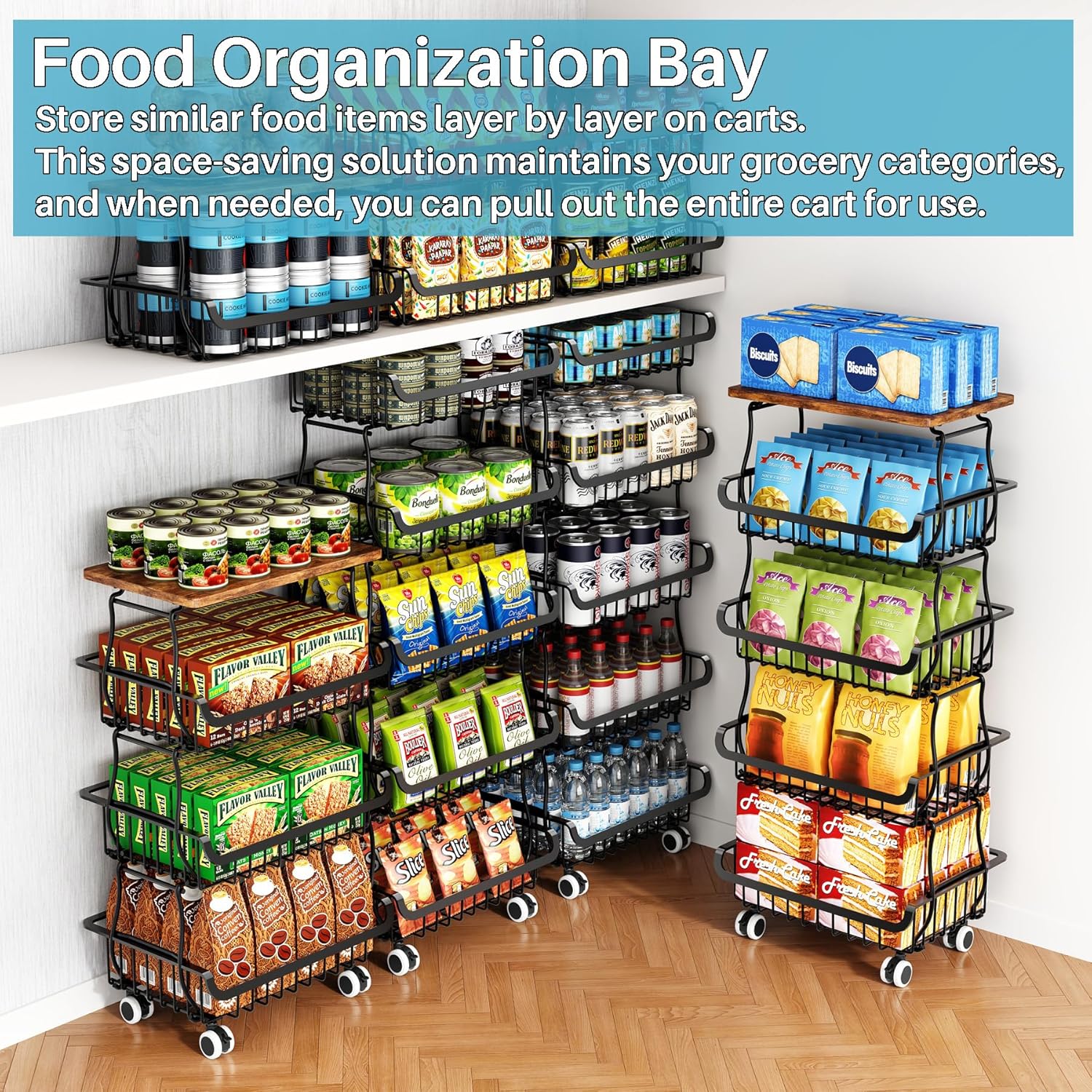 Corbeille à fruits et légumes - 5 niveaux, métal, roulettes, rangement empilable