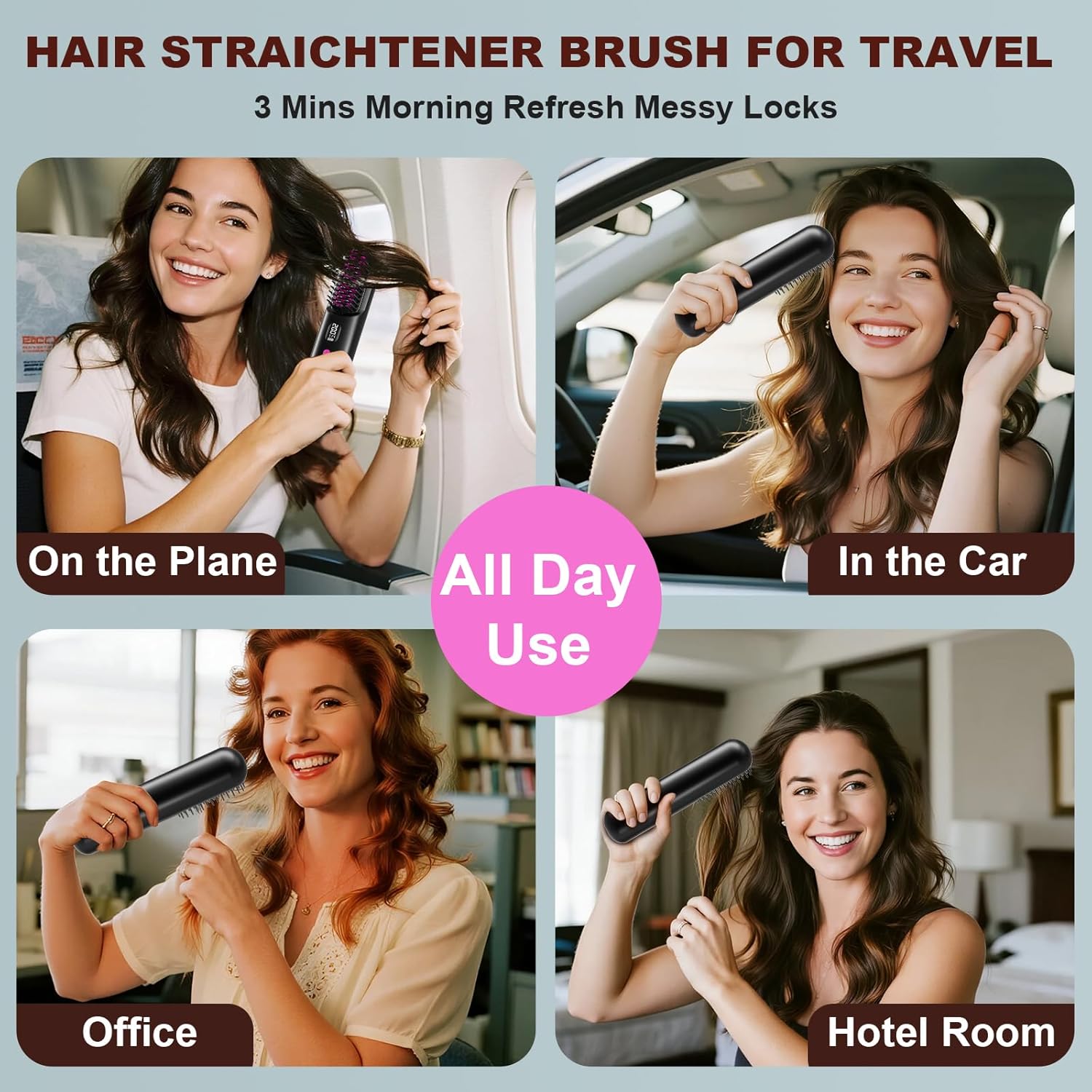 Brosse lissante sans fil - rechargeable USB 9600mAh, ions négatifs, chauffante, portable