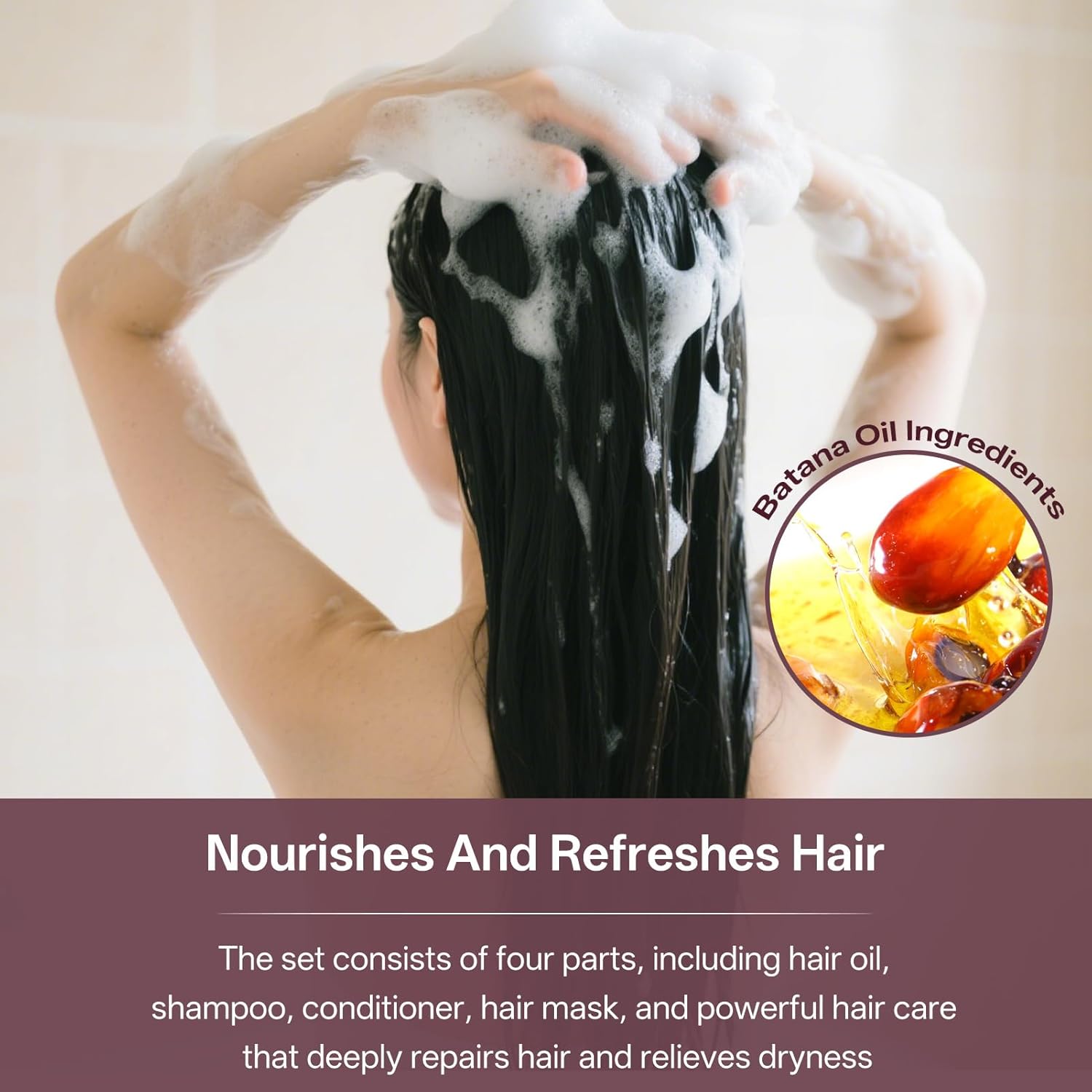 Traitement à l'huile pour cheveux - Coffret 4 pièces - Shampoing, après-shampooing, huile, crème - Soins croissance et h