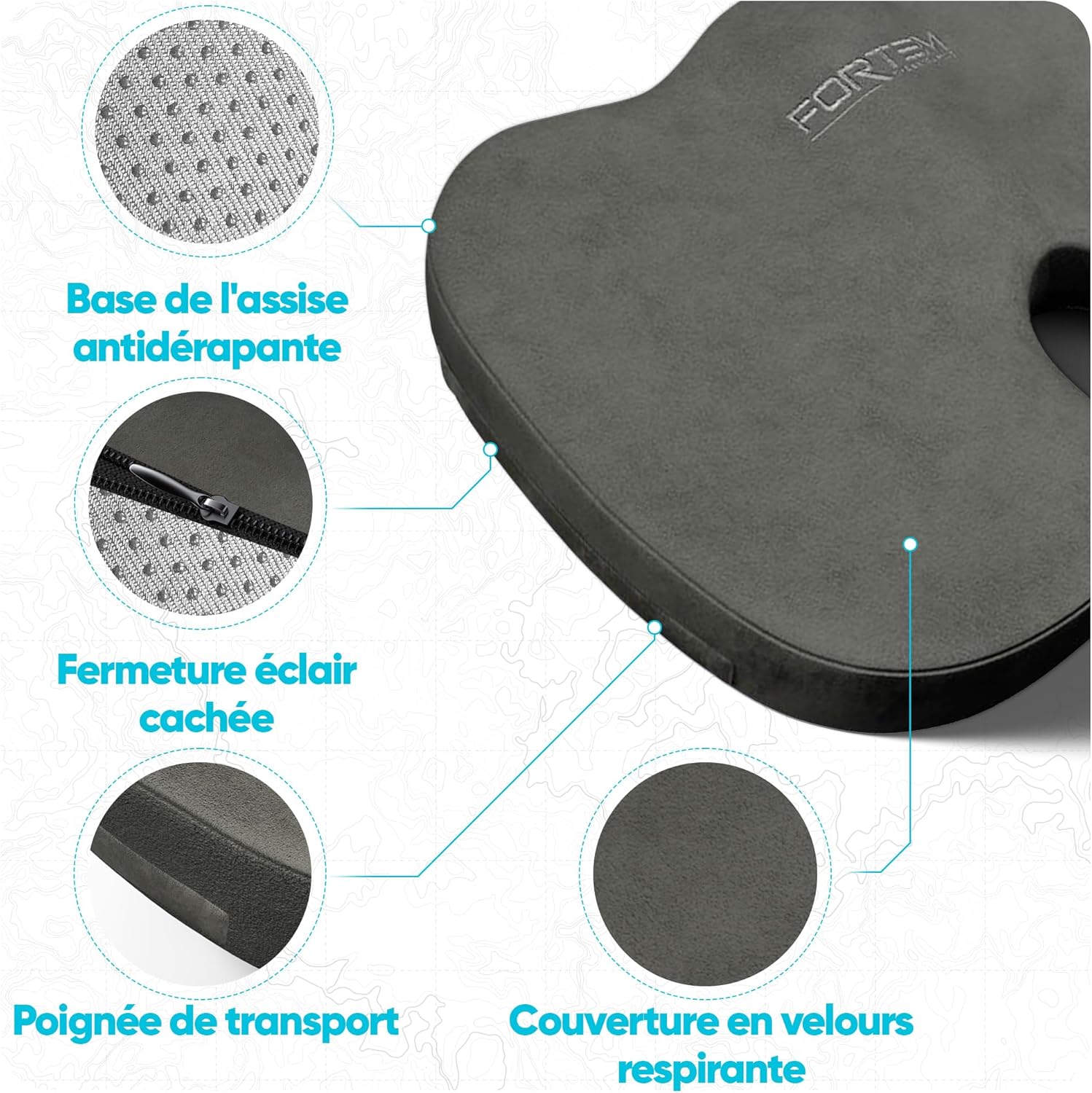 FORTEM - coussin lombaire/assise mémoire de forme - antidérapant - soutien prolongé dos, confort chaise et auto