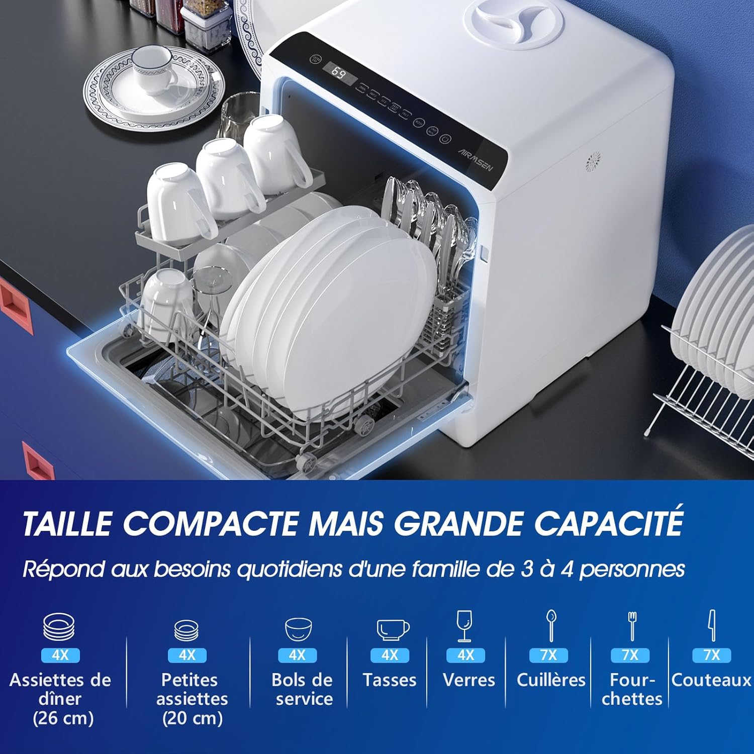 AIRMSEN - Mini lave-vaisselle de comptoir, 5L, écran LED, 5+1 programmes