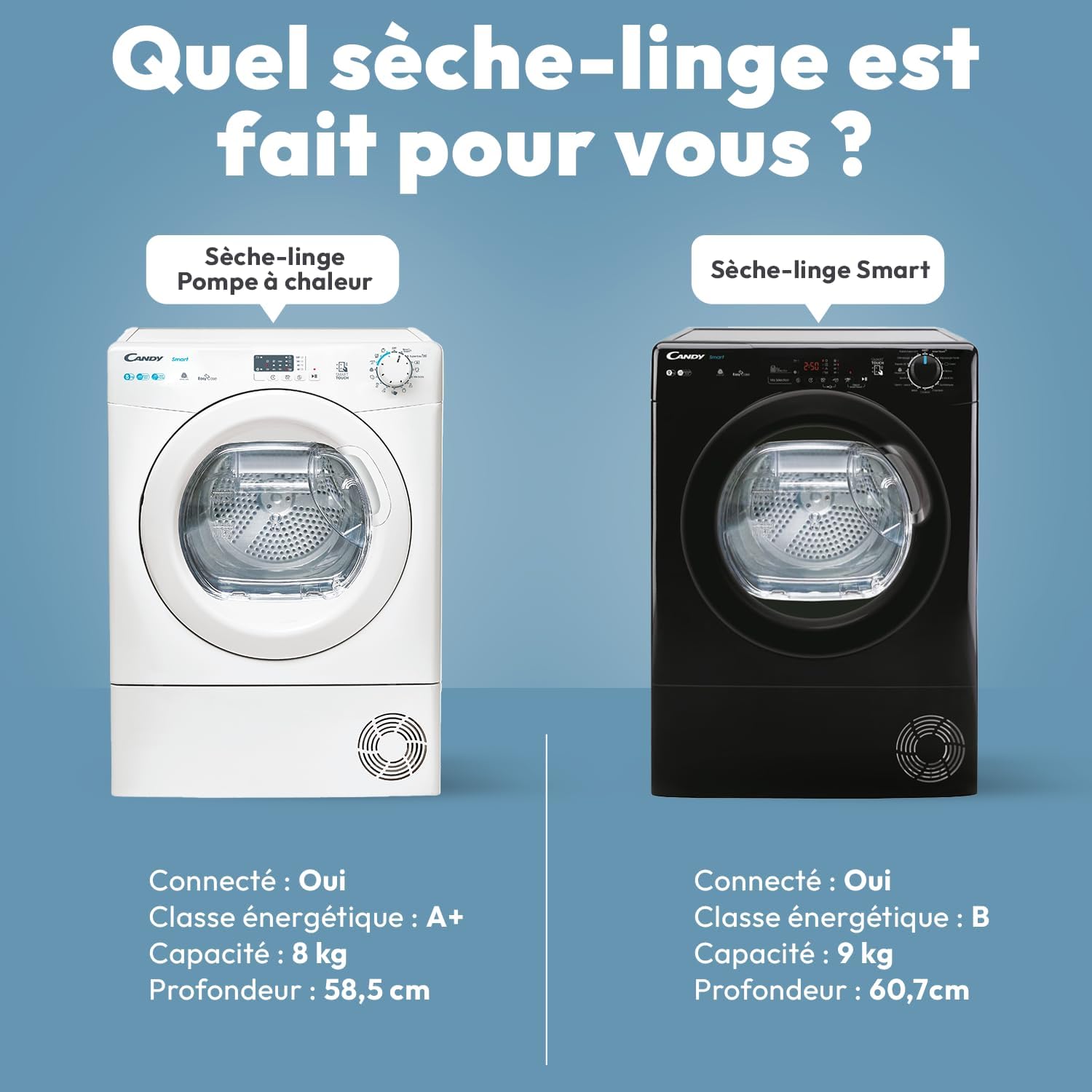 Candy - sèche-linge série CSE, 8kg, pompe à chaleur, NFC, 85x59,6x58,5cm, CSE H8A1LE-S