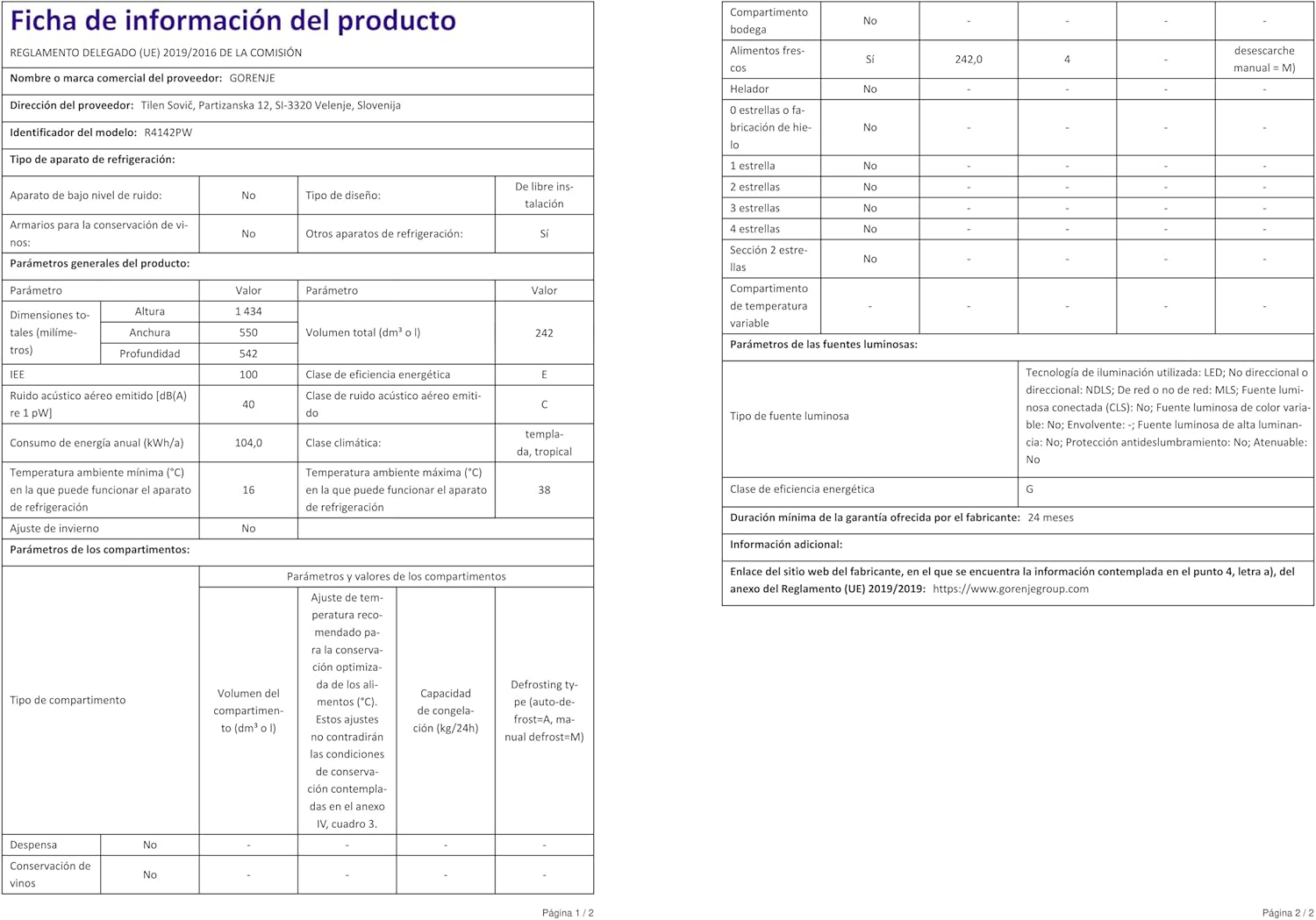 Gorenje - R4142PW - 242 L Autoportant, classe E, couleur blanche, R4142PW