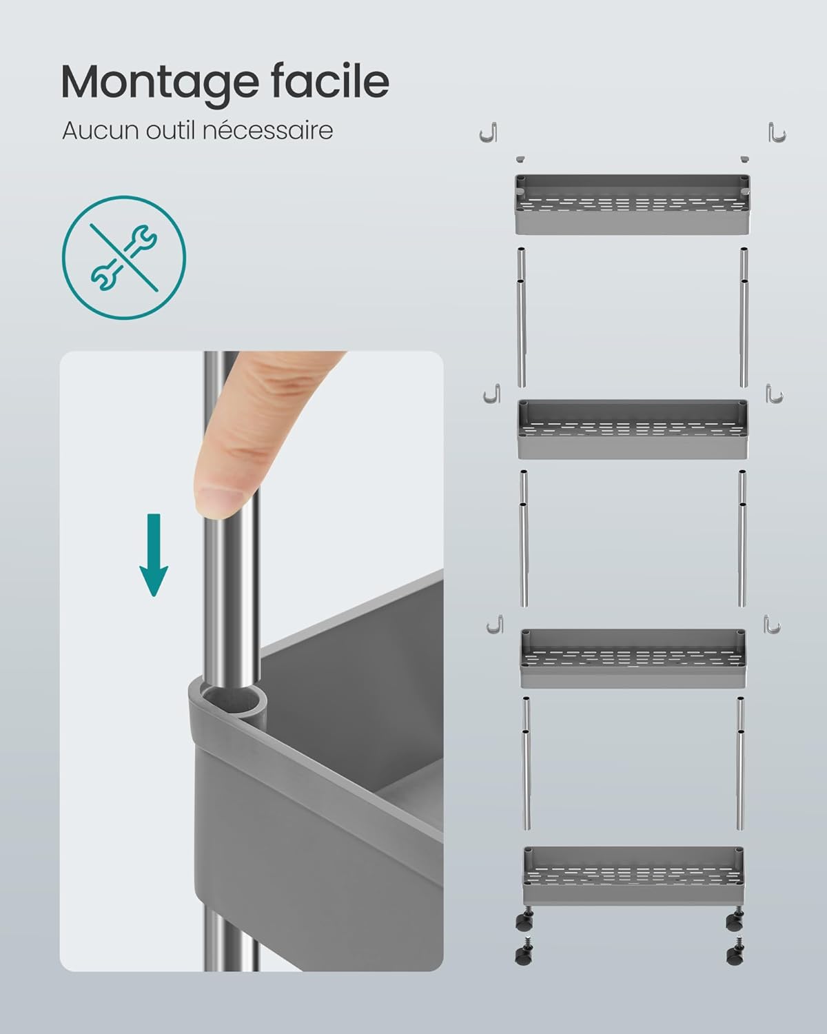 SONGMICS - chariot de cuisine 4 niveaux, acier, 14,4x42x86 cm, 6 crochets KSC008G01