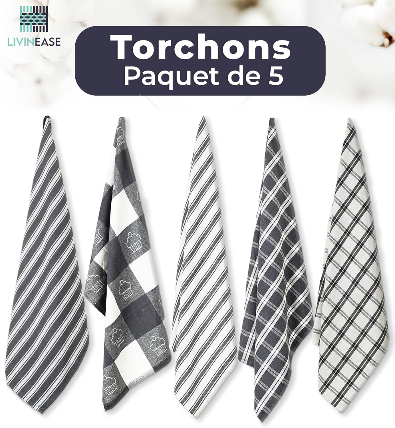 LivinEase - torchons de cuisine, lot de 5, coton, super absorbants, gris