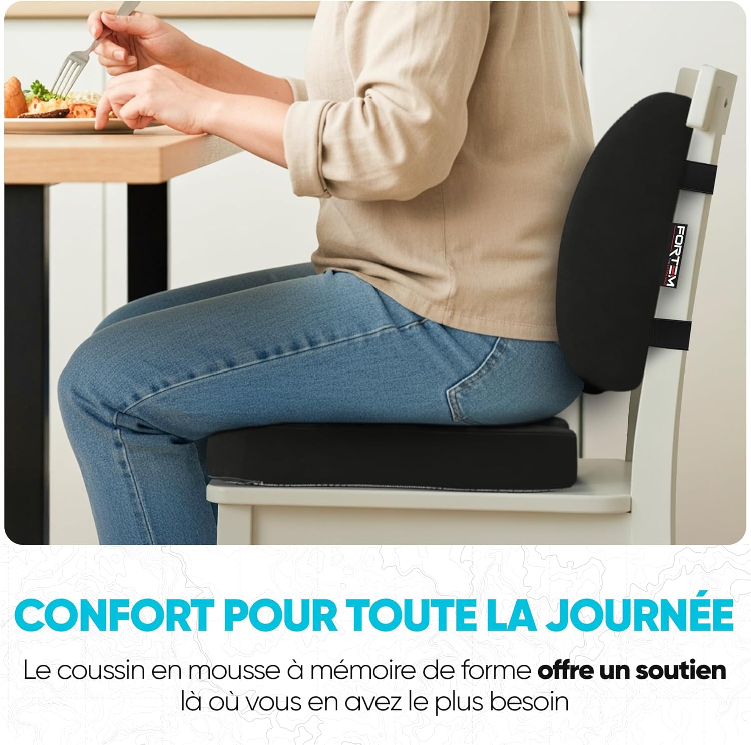 FORTEM - coussin lombaire mémoire de forme - ergonomique, antidérapant, soutien prolongé
