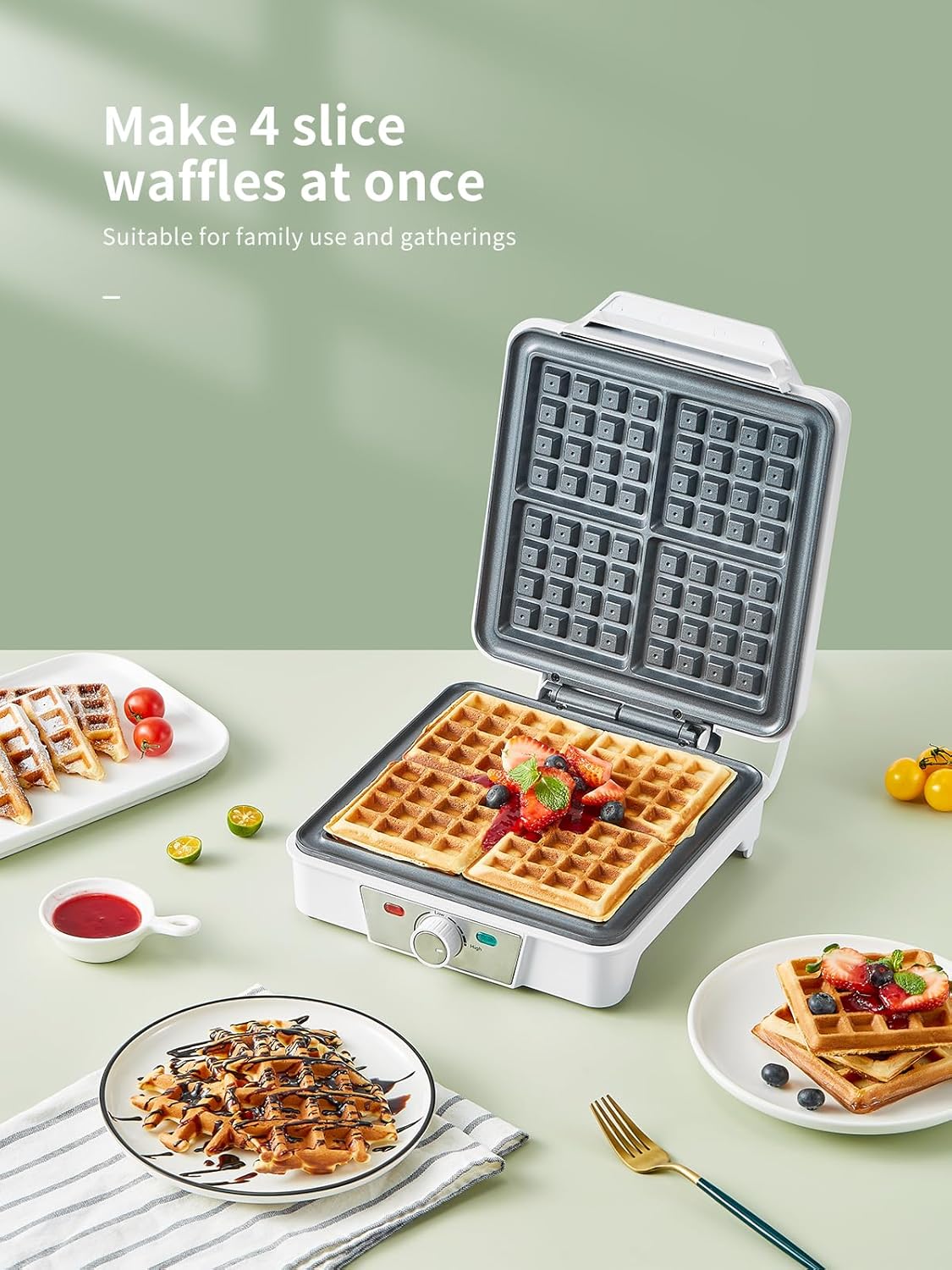 Gaufrier belge - 4 plaques, 1200W, 5 niveaux, antiadhésif, blanc