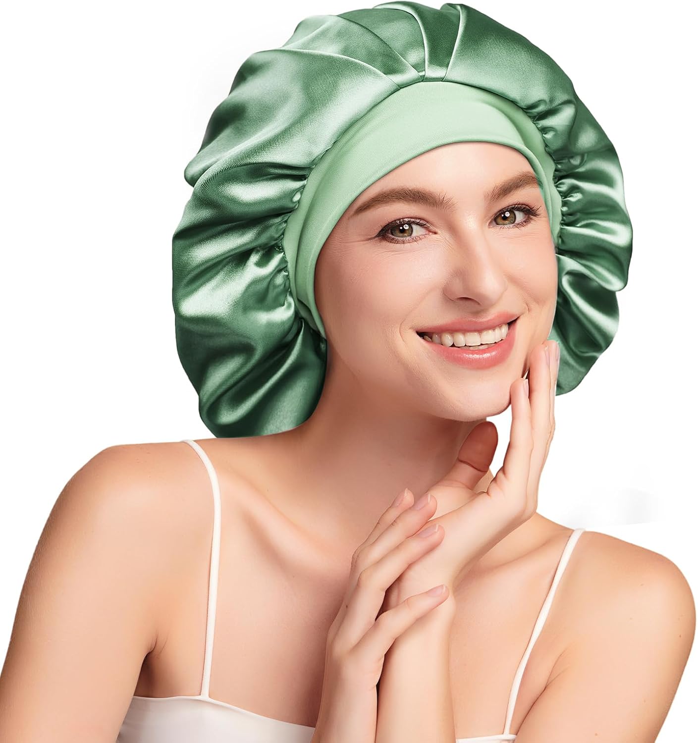 Umisleep - Bonnet nuit soie 22 Momme, double épaisseur, vert, cheveux longs ou bouclés
