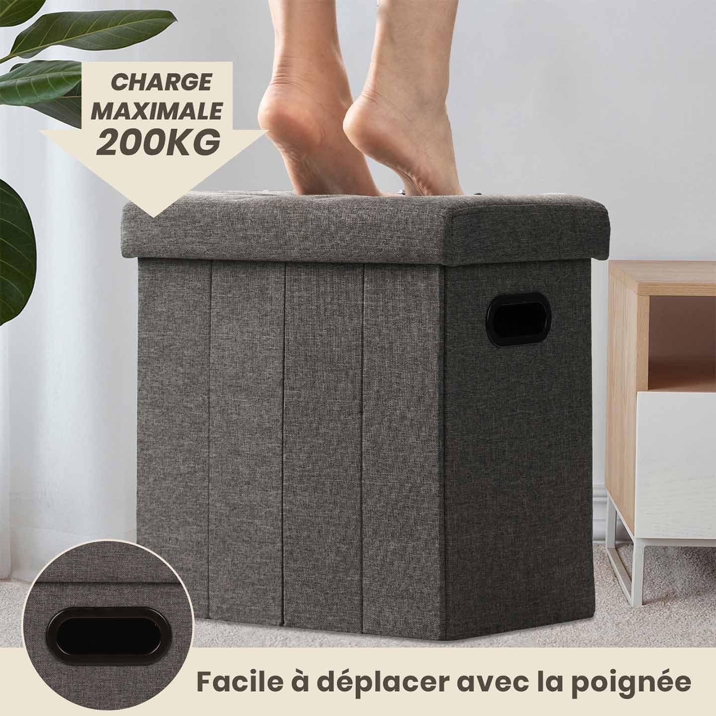 COSYLAND - Ottoman pliable lin - 42x27x42cm - rangement 150kg, gris foncé