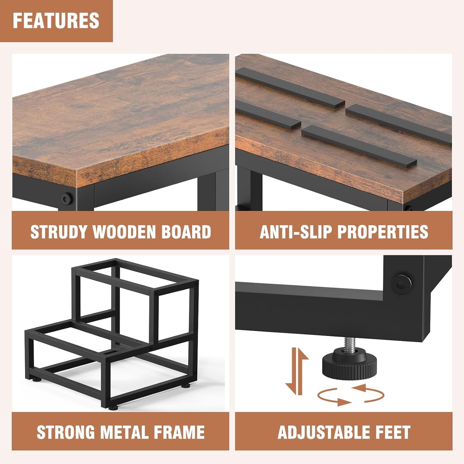 LIANTRAL - marchepied 2 niveaux - acier/bois - charge 200kg, marron/noir