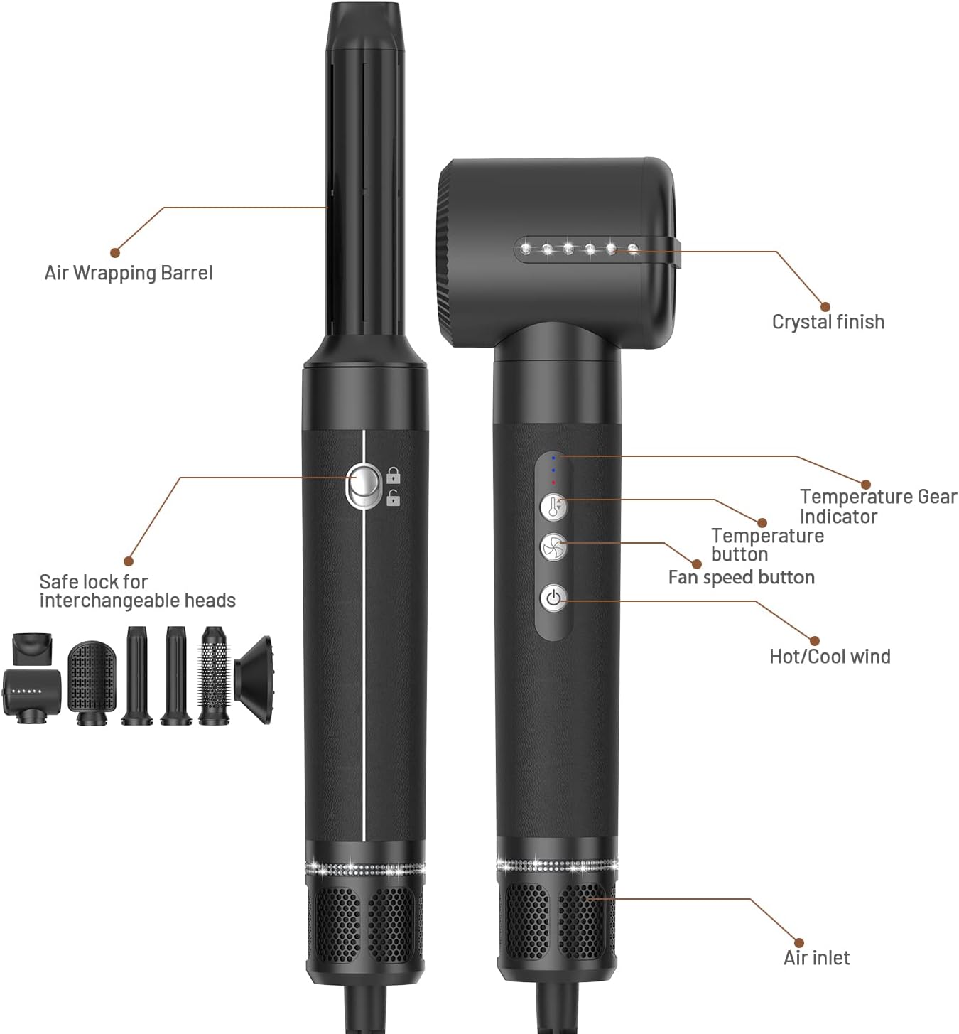 UKLISS - Sèche-cheveux 7 en 1 Pro - 1400W - brushing, boucleur, lisseur, diffuseur