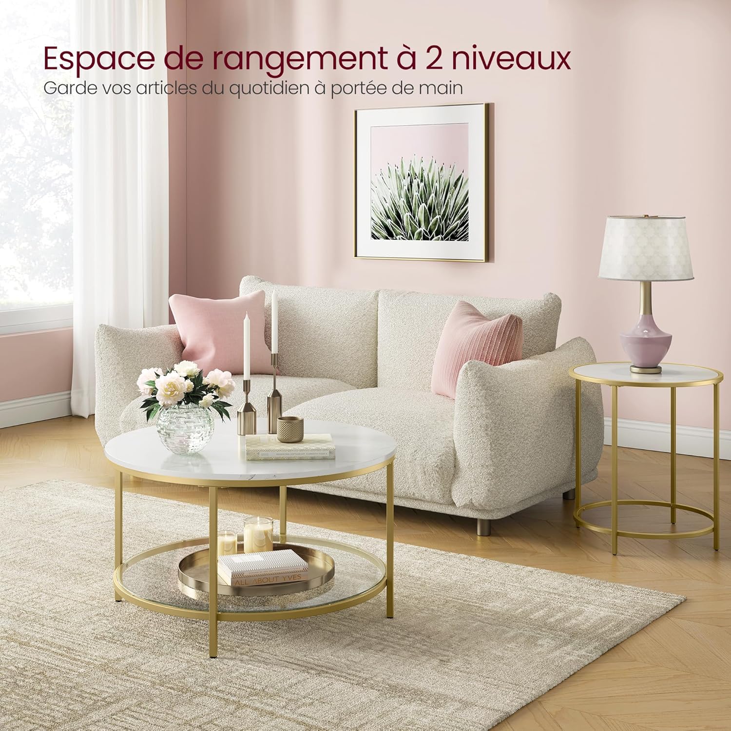 VASAGLE - table basse moderne marbre/verre 59x40cm dorée LCT071W59