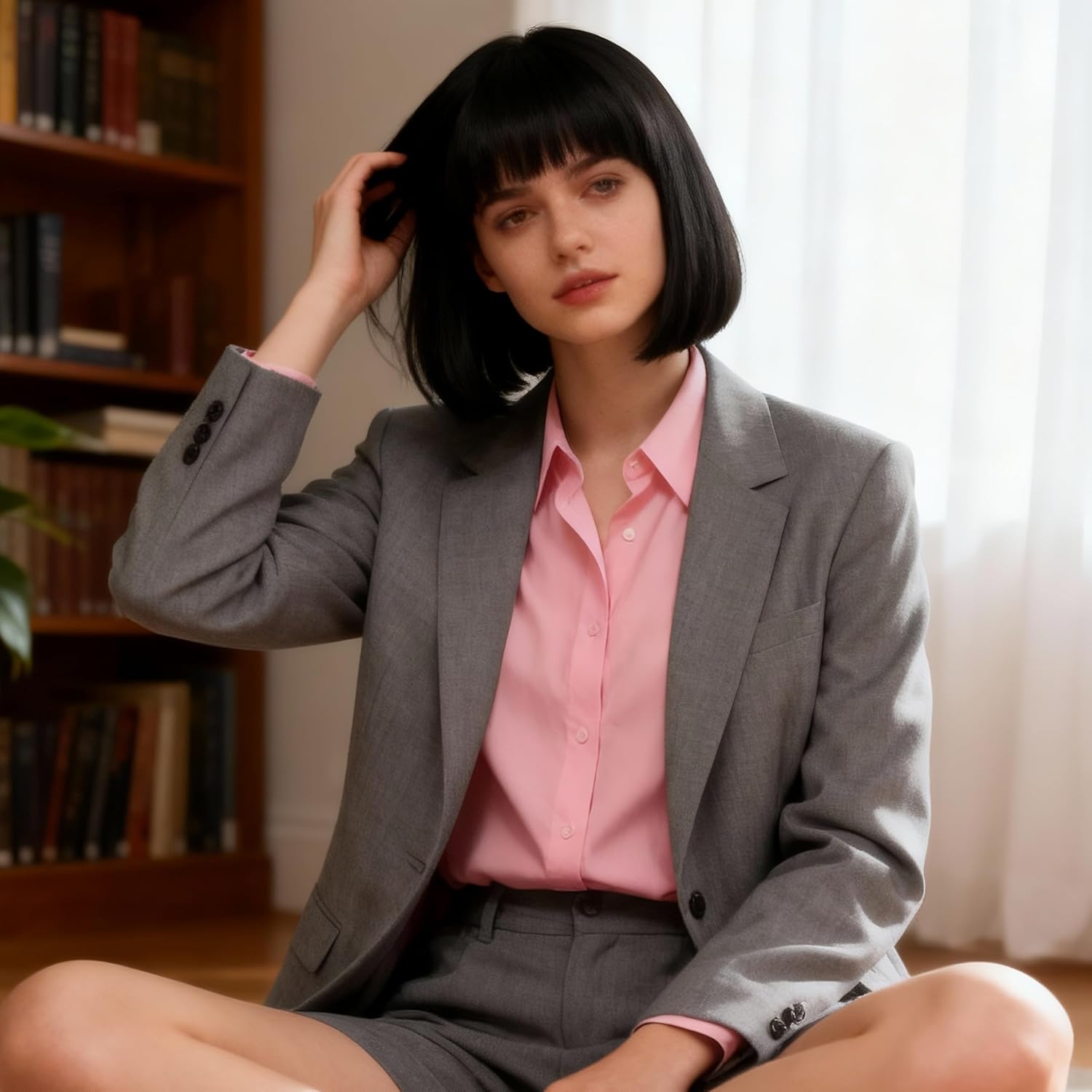 Perruque femme noire - carré court 35 cm - synthétique, bonnet ajustable