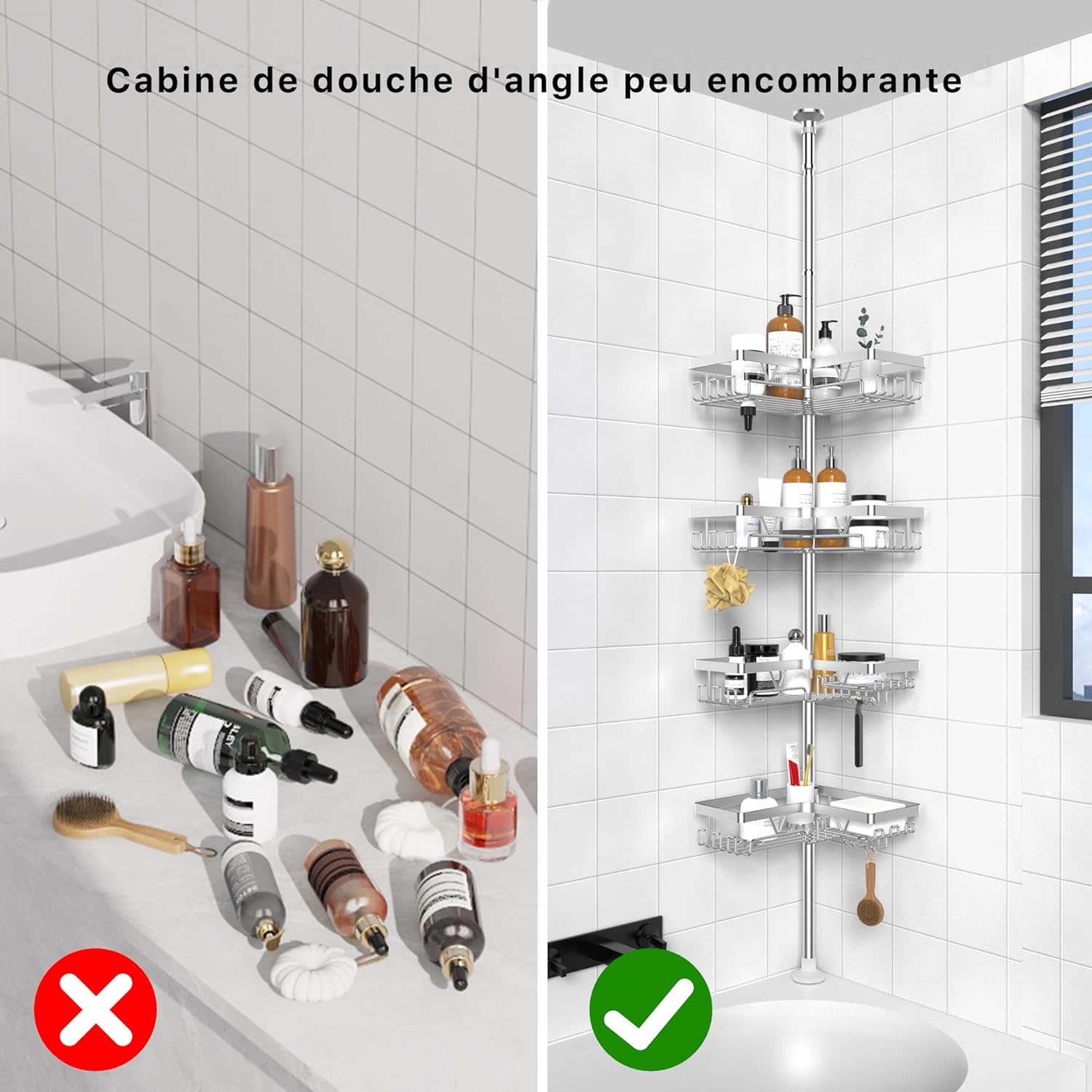 Kegii - étagère douche télescopique, 4 paniers réglables, argent