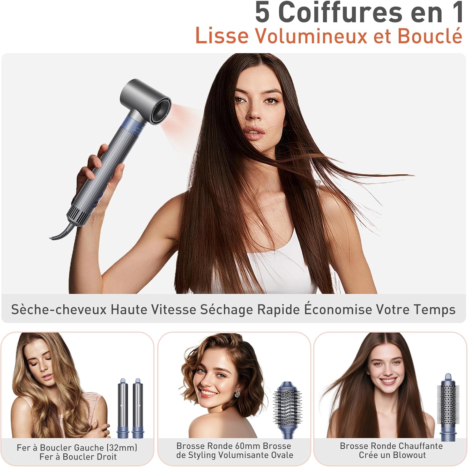 TANSHINE - Air Styler 5 en 1 - 1400W - Ionique, brushing, lissant, boucleur