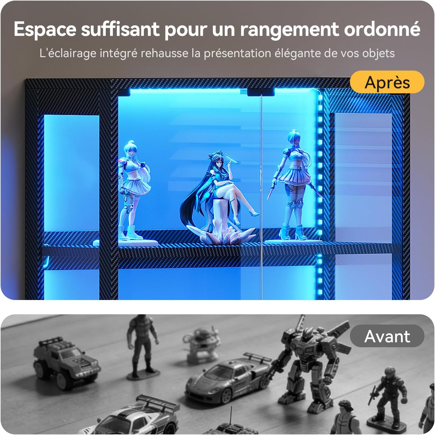 Coleshome - vitrine 4 étagères LED - portes verre, kit anti-chute, noir