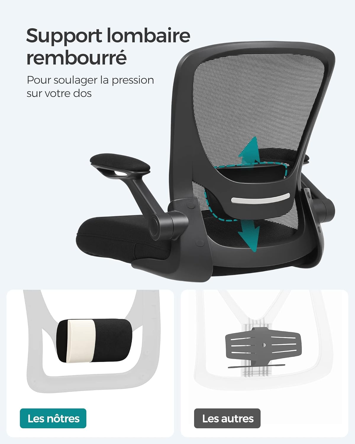 SONGMICS - chaise bureau ergonomique - 53 cm - tissu maille, support lombaire, accoudoirs rabattables OBN37BK