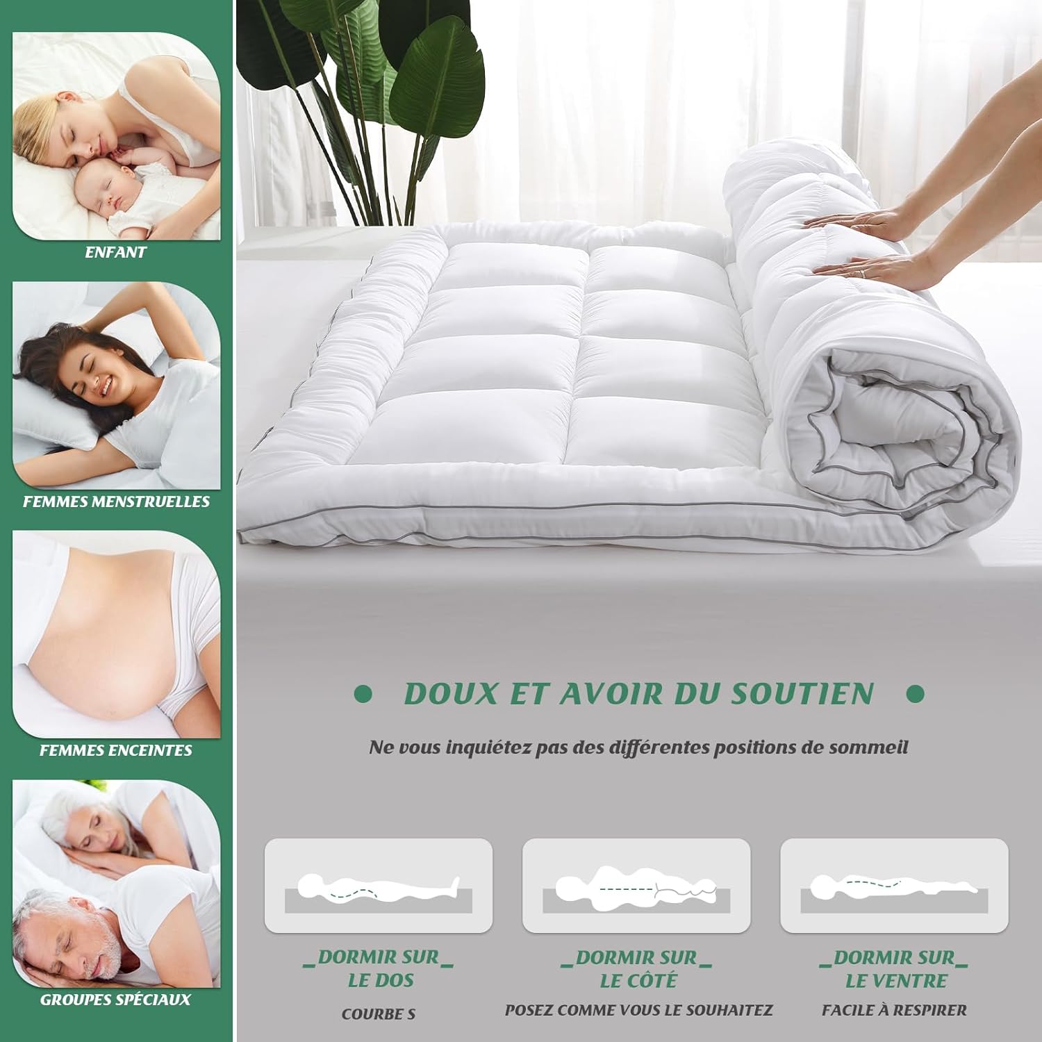 GRT - surmatelas série fibres bambou - 140x190 cm - 6 cm d'épaisseur, ultra-doux et respirant