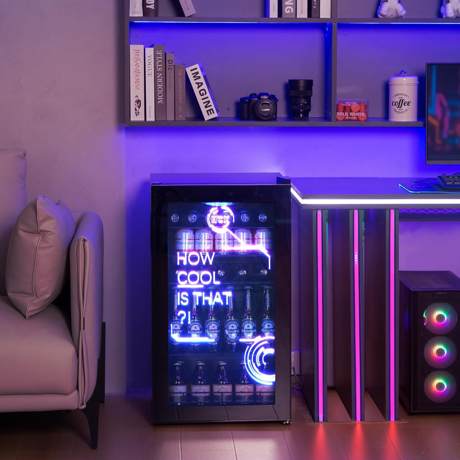 HCK - Mini Frigo 98L, éclairage LED, 0-10°C, silencieux, noir