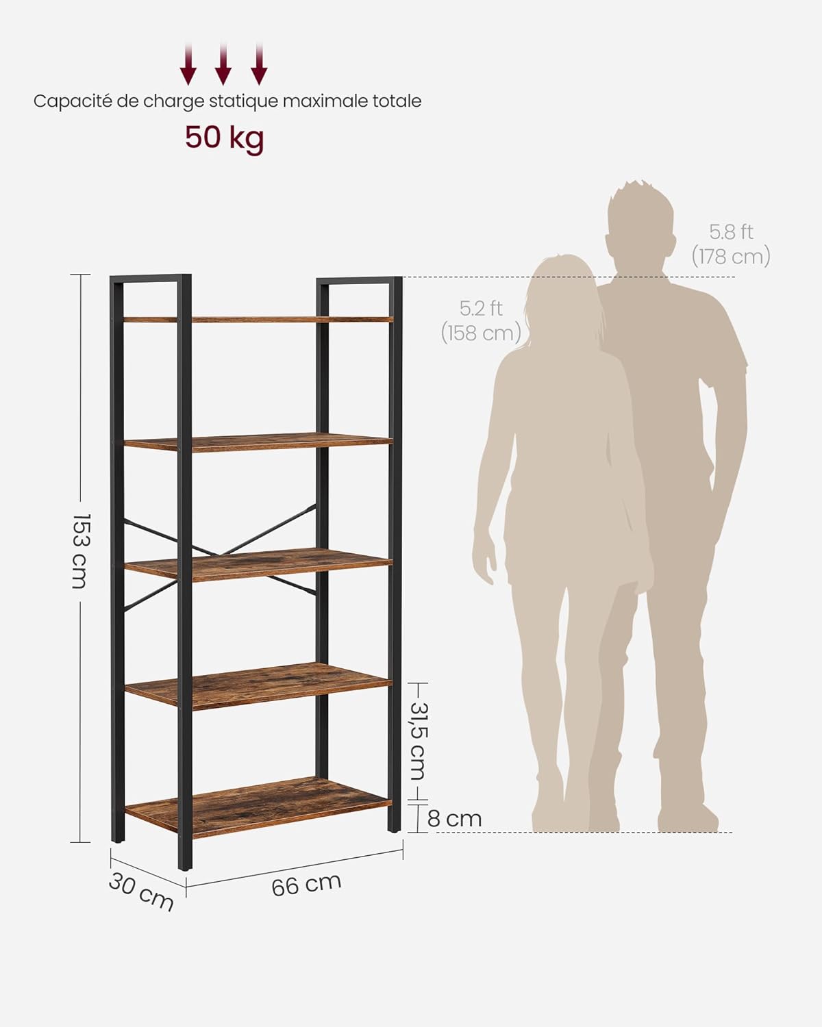 VASAGLE - étagère industrielle 5 niveaux, 30x66x153cm, marron/noir LLS061B01