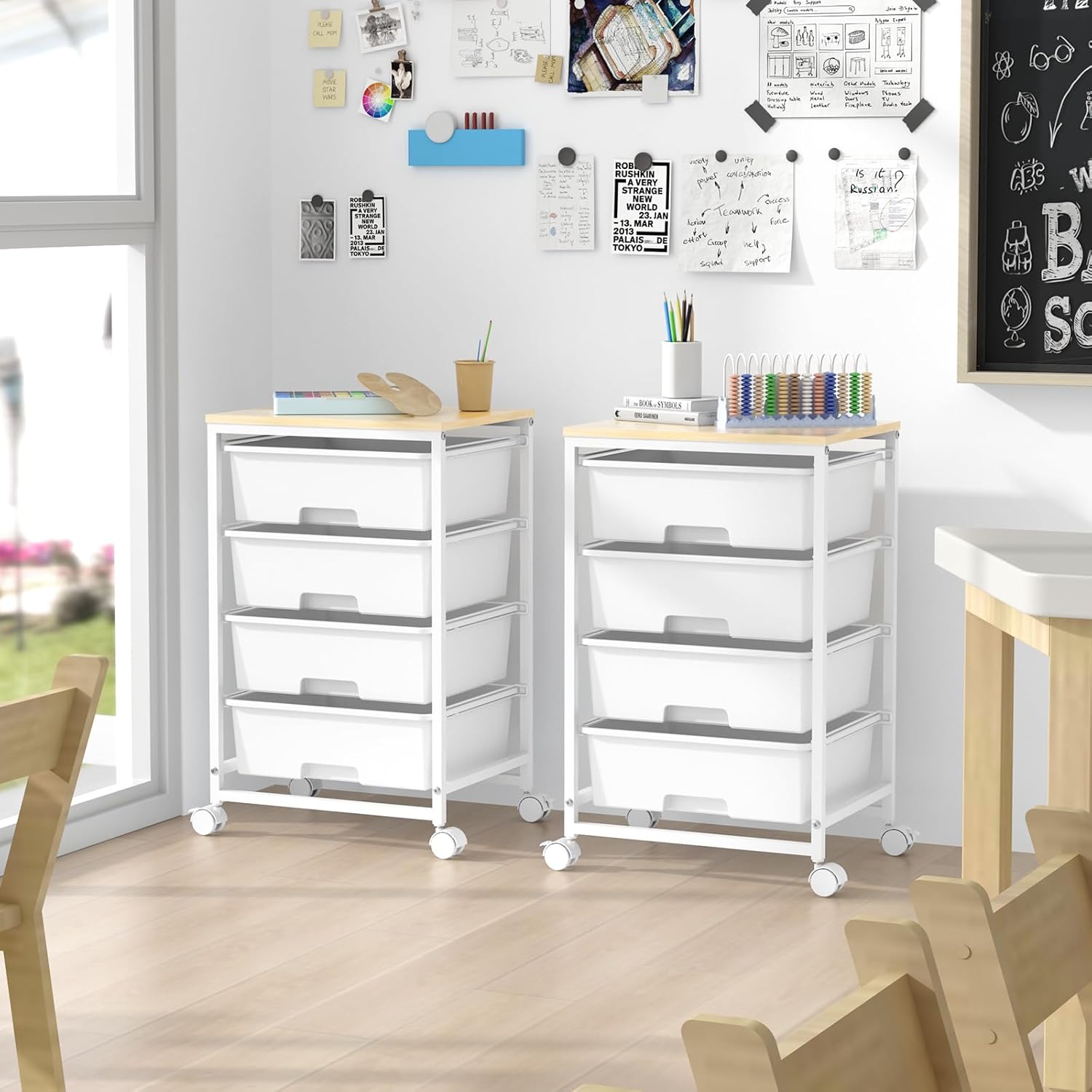 Chariot de rangement - 4 tiroirs, roulettes, plateau bois, blanc, grande capacité, cuisine/salon, 60x40x80 cm