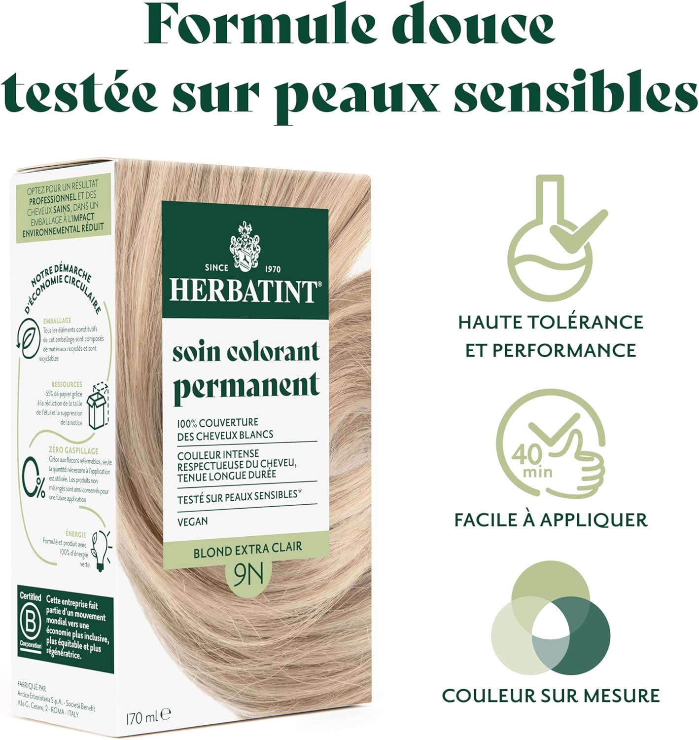 Herbatint - soin colorant permanent - 170 ml - sans ammoniaque, couvre cheveux blancs, extraits végétaux bio, testé peau